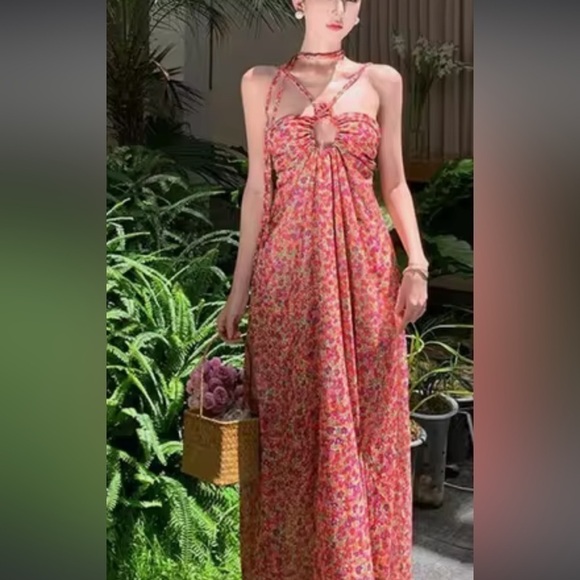 3D Rosette Ditsy Maxi Dress Chiffon Silk Slip Floral Love Flower NEW Suzette - Picture 3 of 14